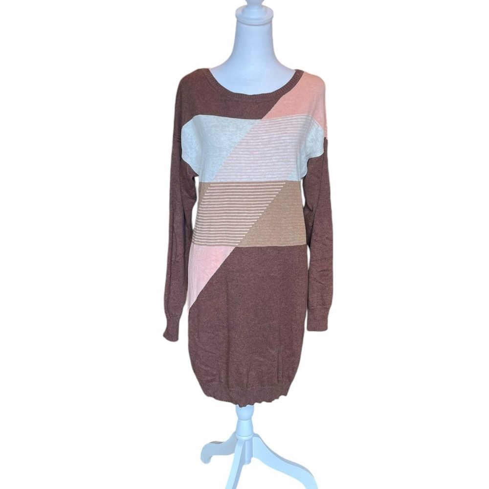 Prana Anka Dress Color Block Merino Wool Organic Cotton Brown Pink Womens Small